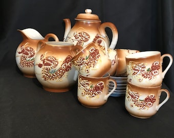 Japanese Dragon ware tea set with embossed Geisha lithophane