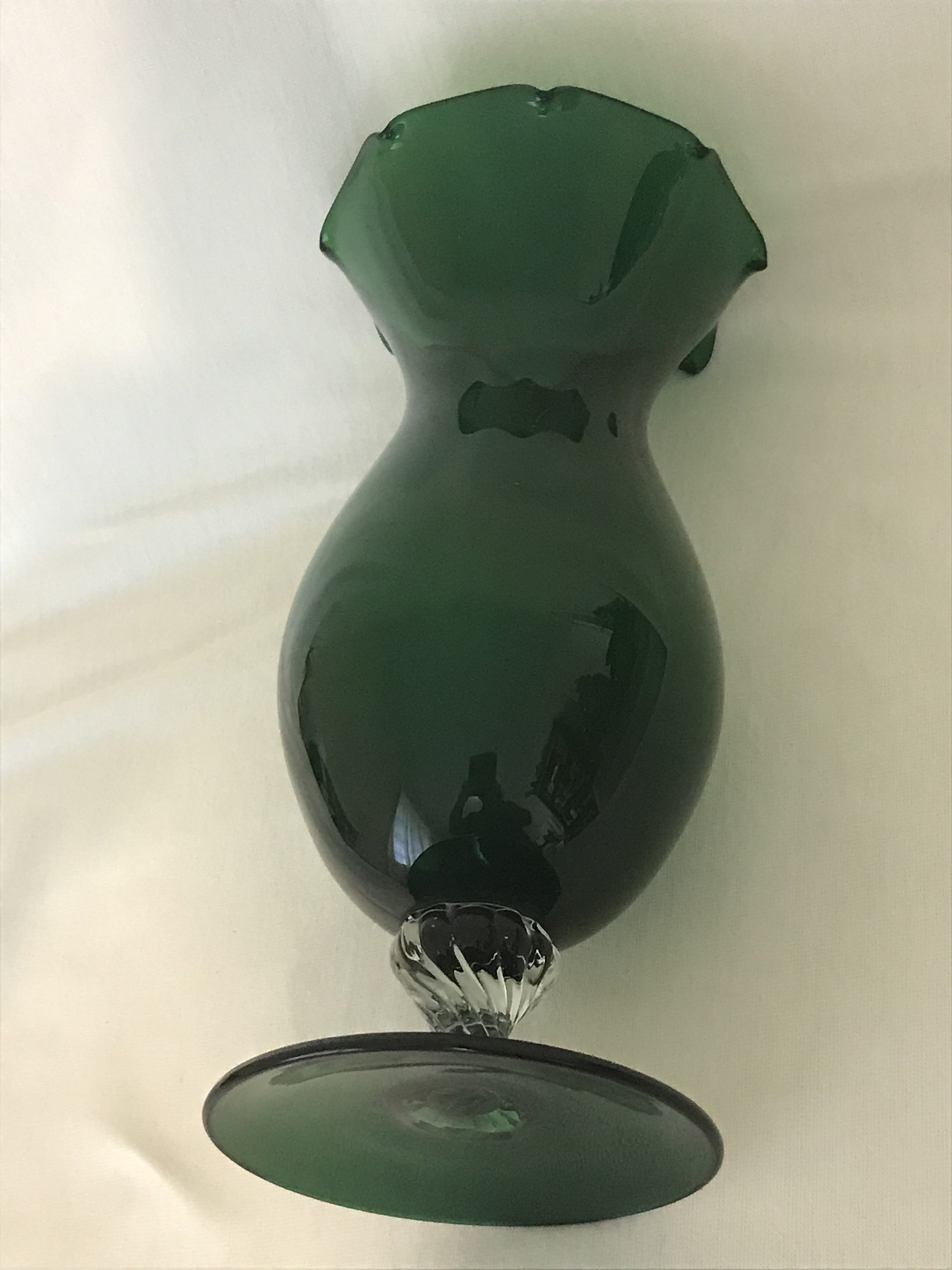 Vintage green ruffled glass vase with clear pedestal and green Etsy