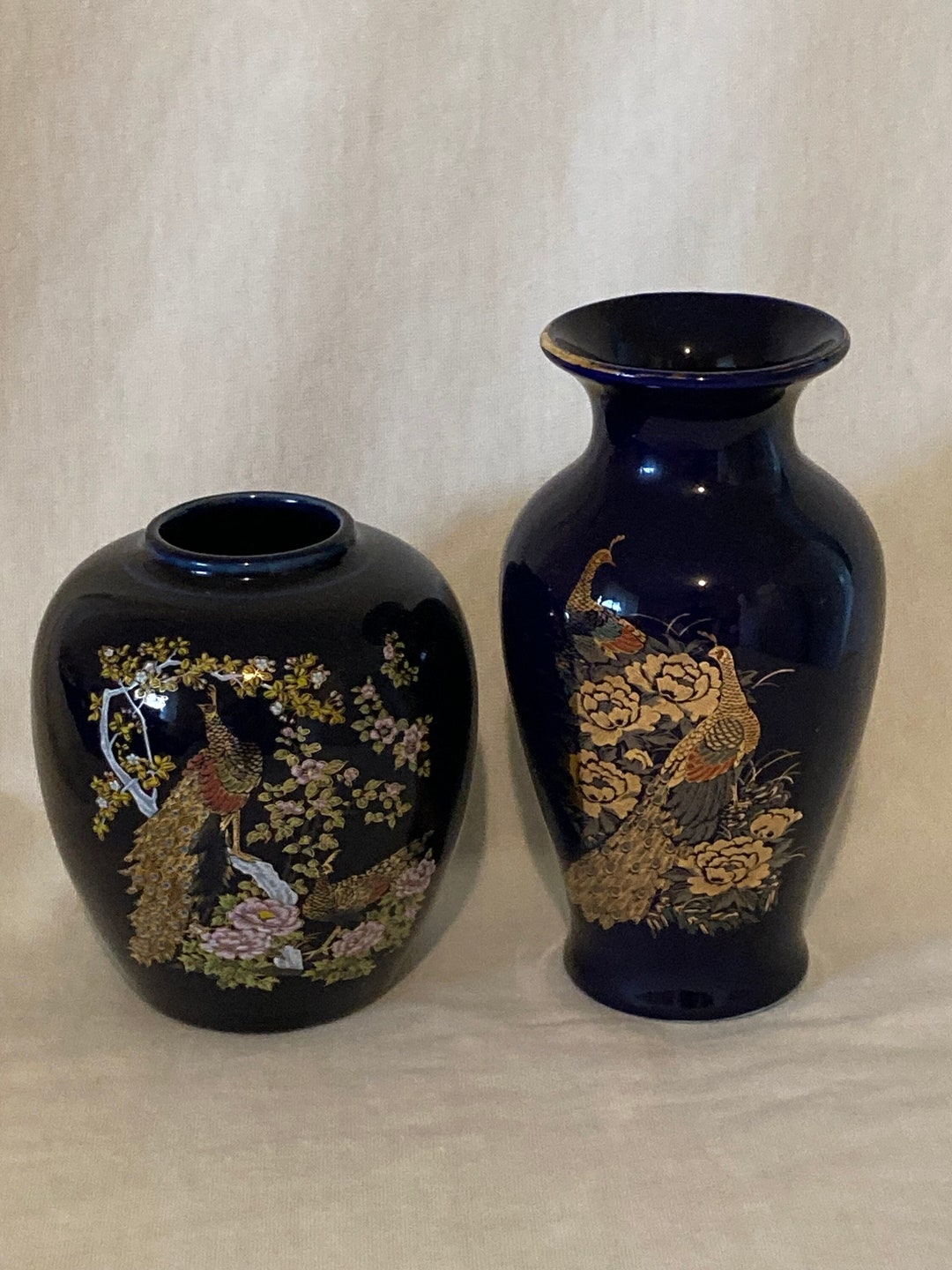 Pair of Kutani Cobalt Blue Hand Painted Gold Peacock Vases Etsy