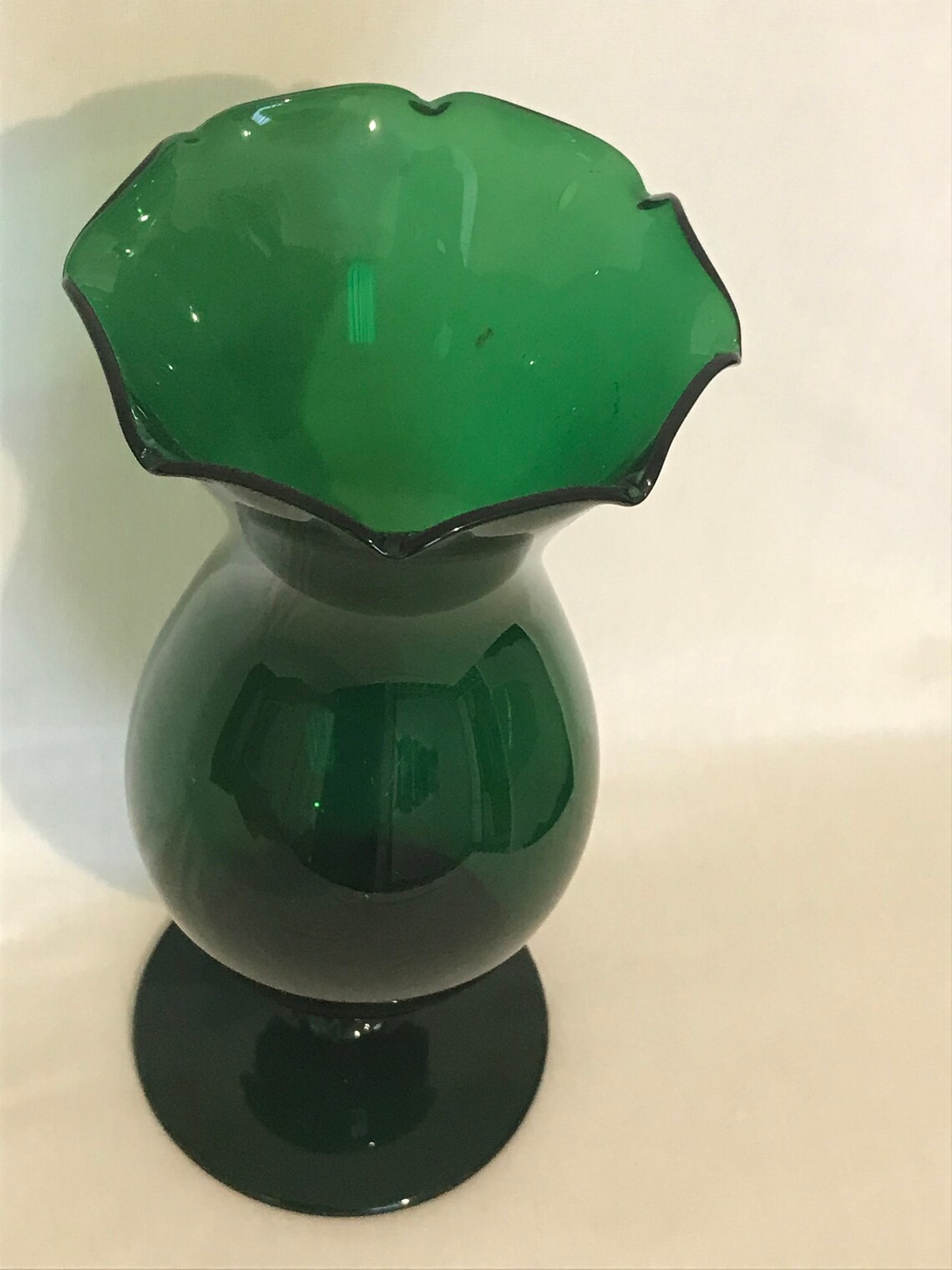 Vintage green ruffled glass vase with clear pedestal and green Etsy