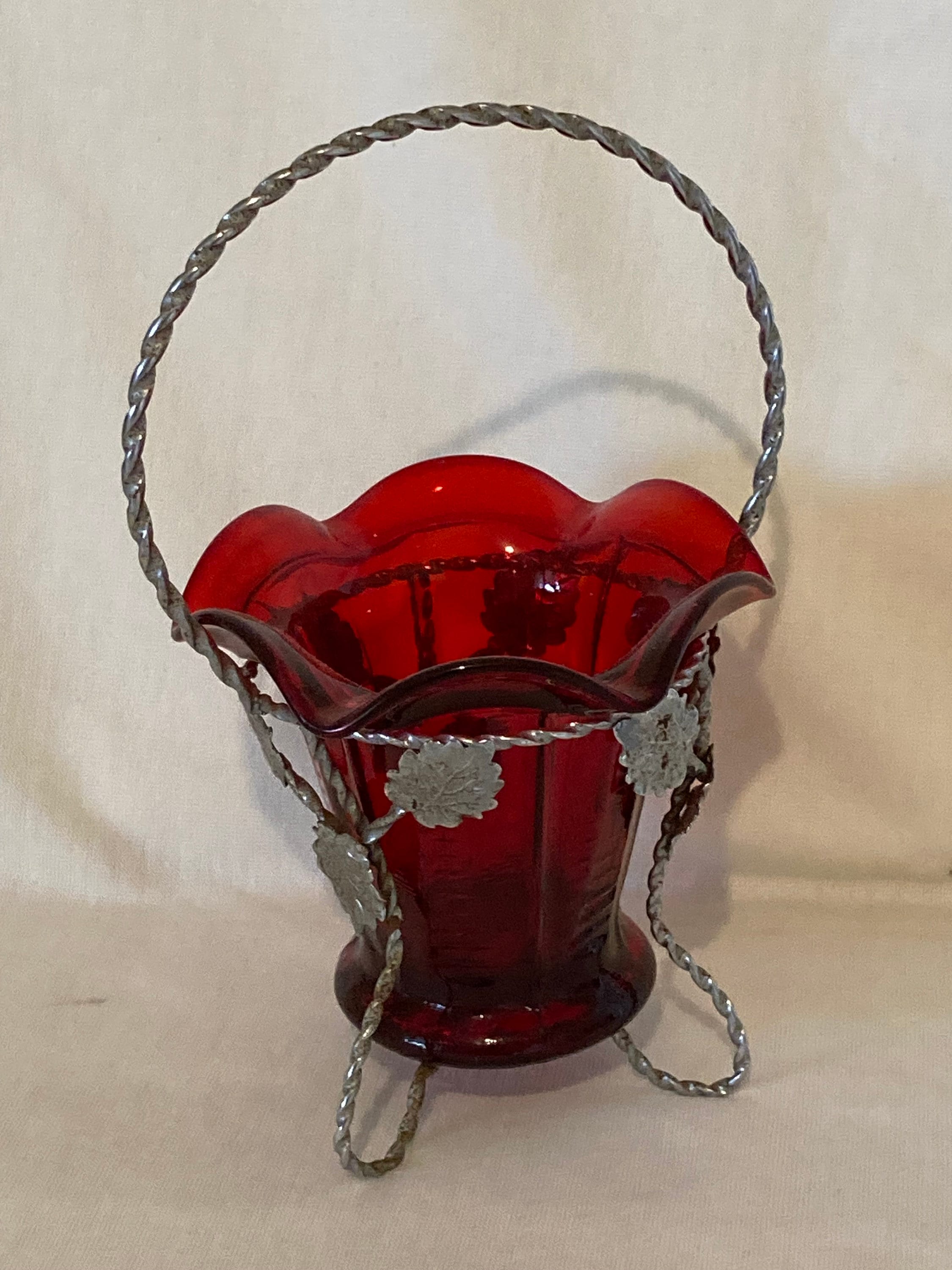 Vintage Silver Plate Brides Basket With Red Glass Vase Bowl - Etsy