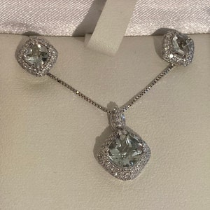 White gold 14KT cushion cut green amethyst and diamond pendant and matching earrings set