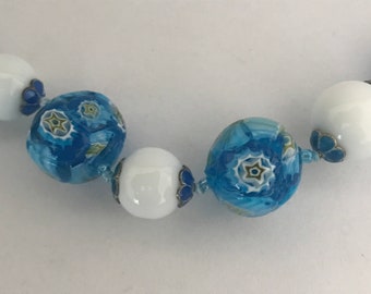 Collier Long Perles De Verre Murano Bleu Inclusion - Plaqué Or - Neuf Sans Boîte