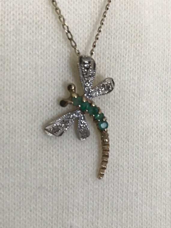 Gold emerald dragon fly necklace
