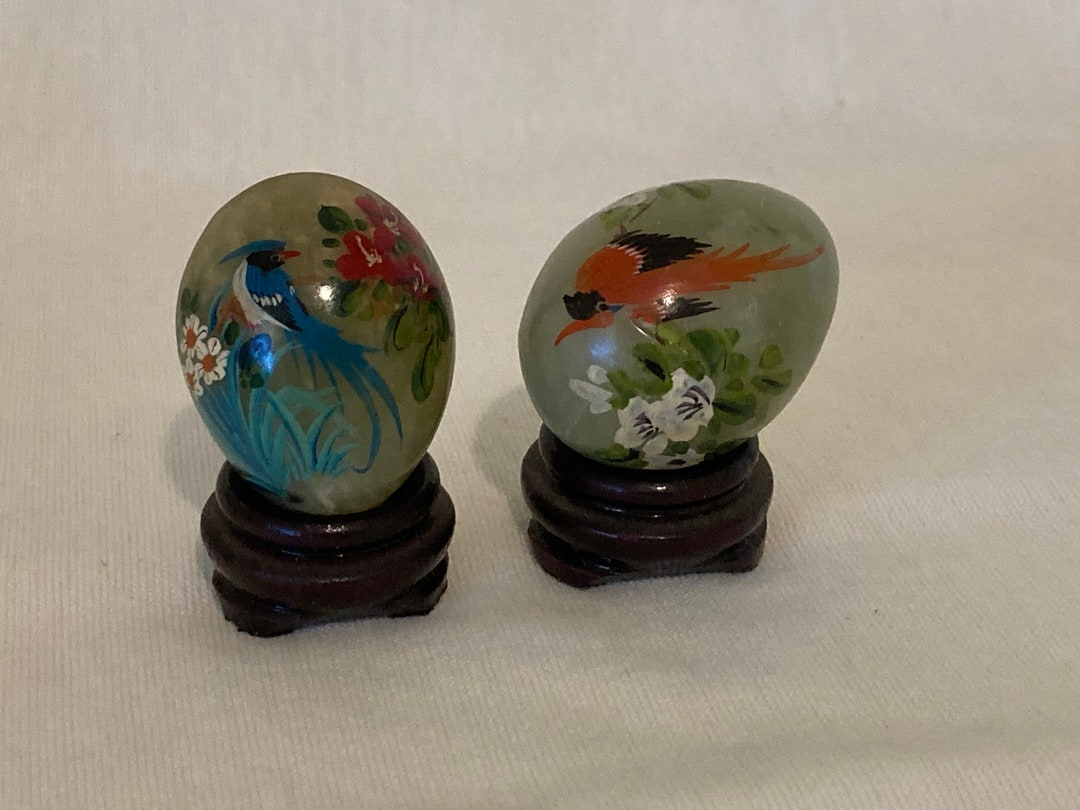 Pair of Chinese Small Hand Painted Jade Eggs on Wooden Stands Etsy