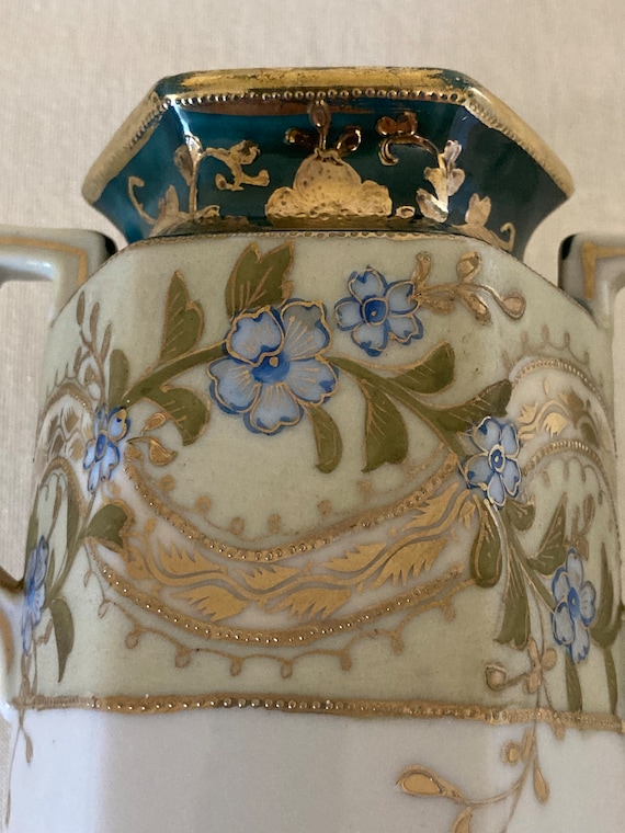 Japan I E & Co Hexagonal Double Handled Hand Painted Gilded