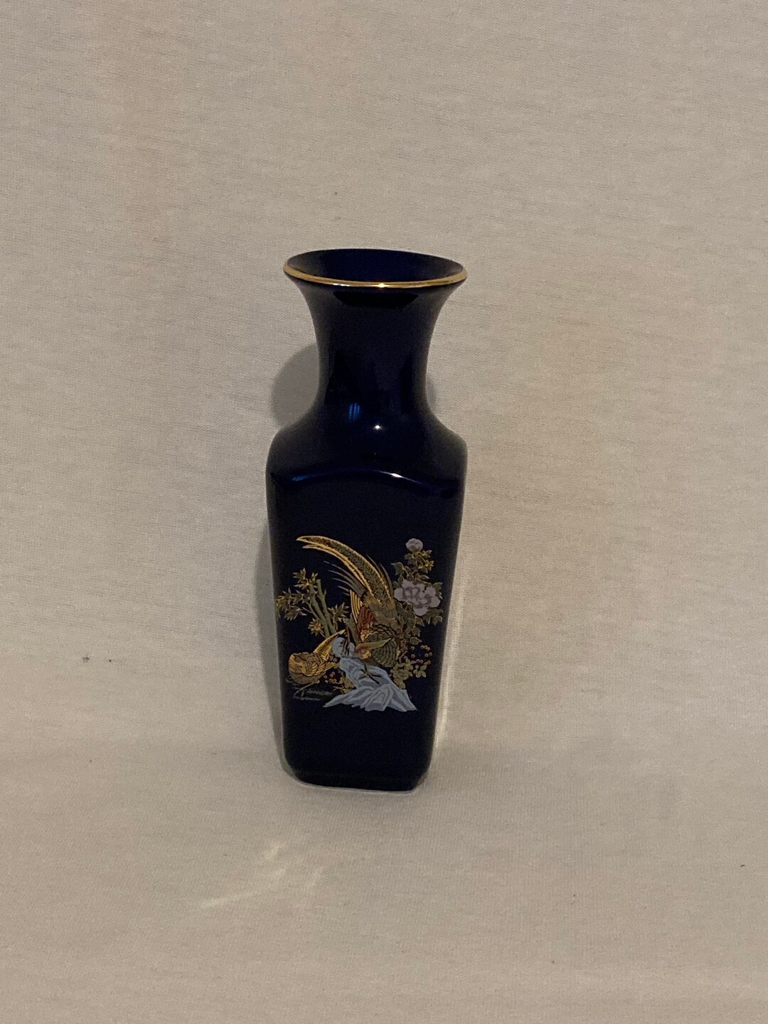 Kutani Cobalt Blue Hand Painted Gold Peacock Vase Etsy