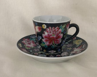 Chinese black Famille Noire porcelain teacup and saucer set