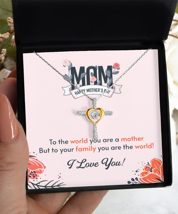 Mom You Are The World Cross Heart Necklace - Gift for mom, Mother's Day Gift