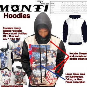 May include: A black, white, and red hooded sweatshirt with a baseball theme. The front of the sweatshirt features a large image of a baseball stadium with players in action. The back of the sweatshirt has a large blank area for sublimation, Cricut, or heat press decoration. The sweatshirt is made of premium heavy weight polyester fleece and is available in sizes XS to 2XL. The text "American League 2022" is printed on the front of the sweatshirt.