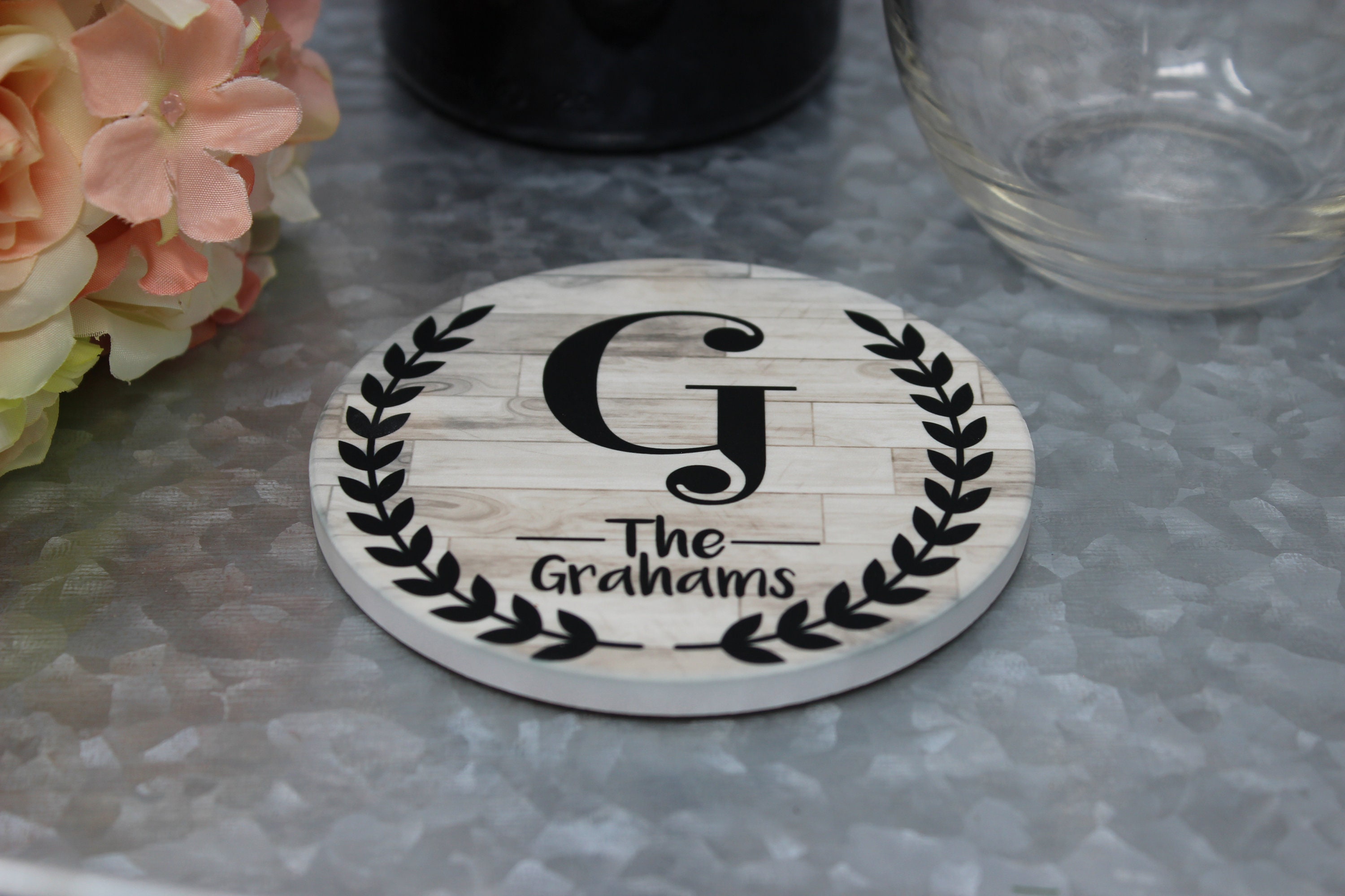 Personalized Stone Coaster Faux Wood Drink Coaster Set Etsy