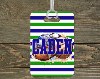 Personalized Luggage Tag | Custom Monogram Bag Tag | Blue & Green Striped Sports