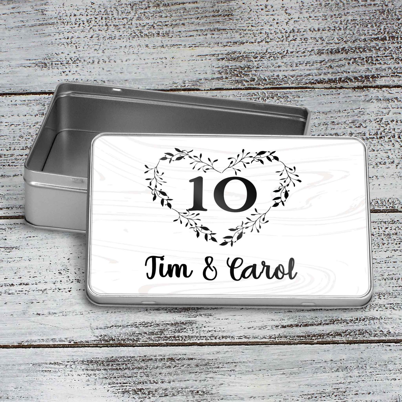 Custom Aluminum Tin  Photo Storage Box  Puzzle Tin  10th Anniversary Floral Heart