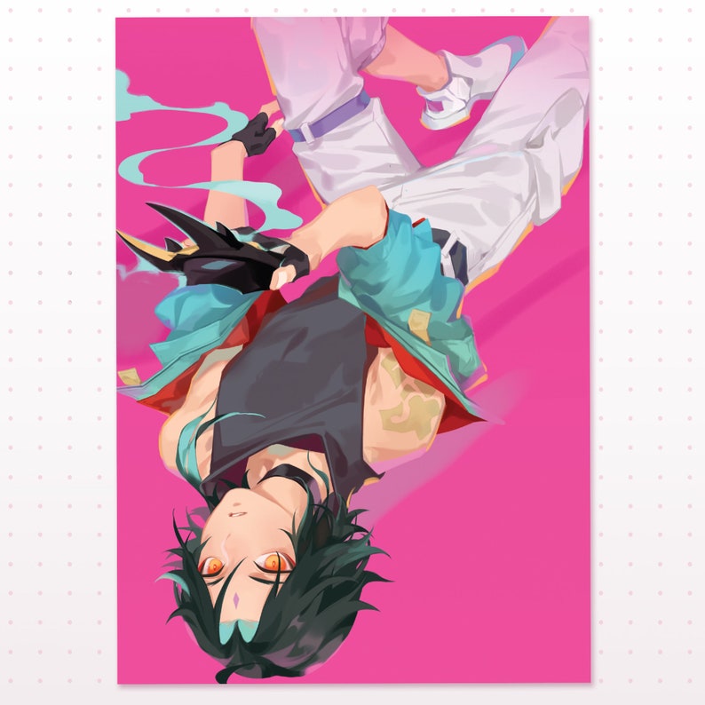 May include: A person with long dark hair wearing a turquoise and black outfit with a white belt and white trousers. The person is holding a black and yellow weapon and is posed against a pink background.