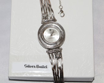 Silpada Sterling Silver Hammered Pearl Flower Accent Band Watch