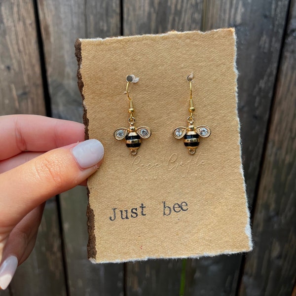 Just Bee, Bee Earrings, Hand Stamped Paper, Insects, Bee, Gold Bee, Dainty Earring, Earthy, rhinestone bee earrings, Handmade, Easy Gift