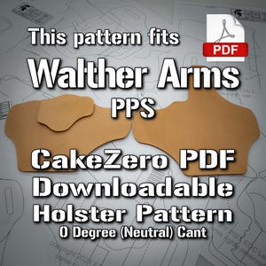 Pode incluir: Um padrão de coldre para download em PDF para uma Walther Arms PPS. O padrão é para um coldre com uma inclinação de 0 graus (neutro). O padrão é marrom e branco e tem o texto "CakeZero PDF Downloadable Holster Pattern 0 Degree (Neutral) Cant" nele.