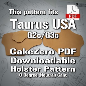 Op de afbeelding: Een downloadbaar PDF-patroon voor een holster voor een Taurus USA G2c/G3c pistool. Het patroon is voor een holster met een 0 graden (neutrale) kanteling. Het patroon is van CakeZero.