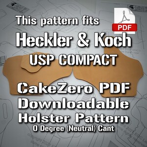 May include: A downloadable PDF pattern for a holster for a Heckler & Koch USP Compact pistol. The pattern is for a 0 degree (neutral) cant holster. The pattern is available for download from CakeZero.