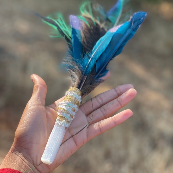 Custom Selenite Peacock Feather Fan/Space Clearing/Altar Accessory/Smudging Fan/Smudge Feather/Crystal Healing/Energy Cleansing/Magic Wand