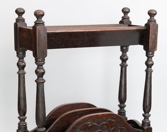 Antique English Carved Oak Library Book Trough and Magazine Rack Stand