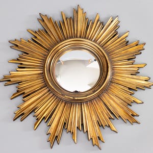 Vintage Mid-Century Belgian Gilt Gold Sunburst Convex Mirror
