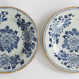 Pair of Antique 18th-Century Dutch Delft Faience Floral Plates