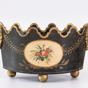 Antique Neoclassical French Tole Black and Gilt Cache Pot Jardiniere