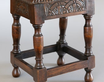 Antique English Carved Tiger Oak Joint Stool Side Table