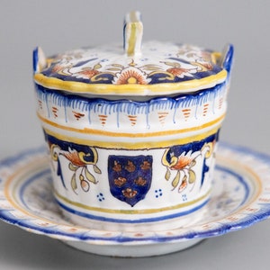 Antique French Faience Desvres Lidded Butter Bowl Dish