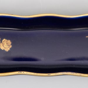 Vintage French Limoges Cobalt Blue Gilt Floral Porcelain Pen Tray