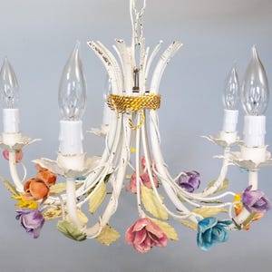 Vintage Mid-Century Italian Tole Roses Five Arm Chandelier