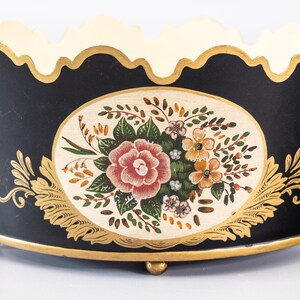 Vintage Italian Black & Gold Gilt Tole Floral Jardiniere Cachepot Planter