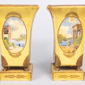 Pair of Antique Neoclassical French Yellow Tole Jardinieres Cachepots Urns, circa 1900