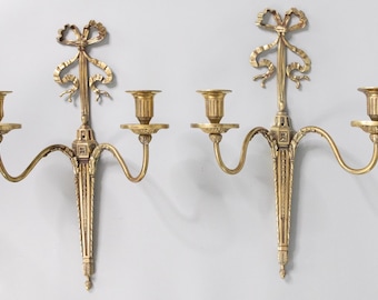 Pair of Early 20th Century Neoclassical Style French Brass Bow Candle Sconces