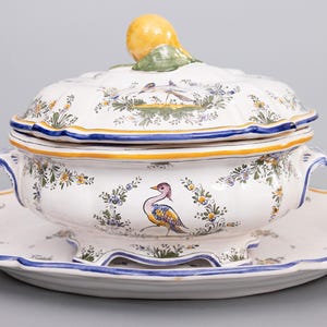 Antique French Renoleau Faience Pear Lidded Bird Soup Tureen With Platter