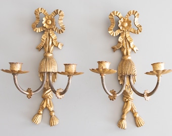 Pair of Vintage Mid-Century Italian Carved Giltwood Bows & Tassels Candle Sconces