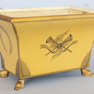 Antique French Mustard Yellow Tole Footed Jardiniere Cachepot With Original Liner