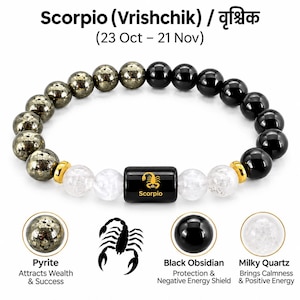 Könnte beinhalten: Ein Perlenarmband mit metallischem Pyrit, glänzendem schwarzem Obsidian und klaren Milchquarzperlen. Eine zentrale schwarze zylindrische Perle zeigt ein goldenes Skorpion-Symbol und den Text Scorpio. Goldfarbene Zwischenstücke trennen die Perlenabschnitte.