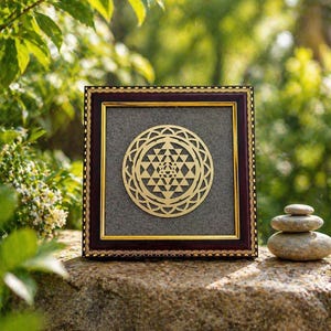 Marco Sri Yantra con polvo de pirita / Arte mural de geometría sagrada / Decoración Vastu Feng Shui / Decoración para sala de meditación y yoga / Marco de energía positiva