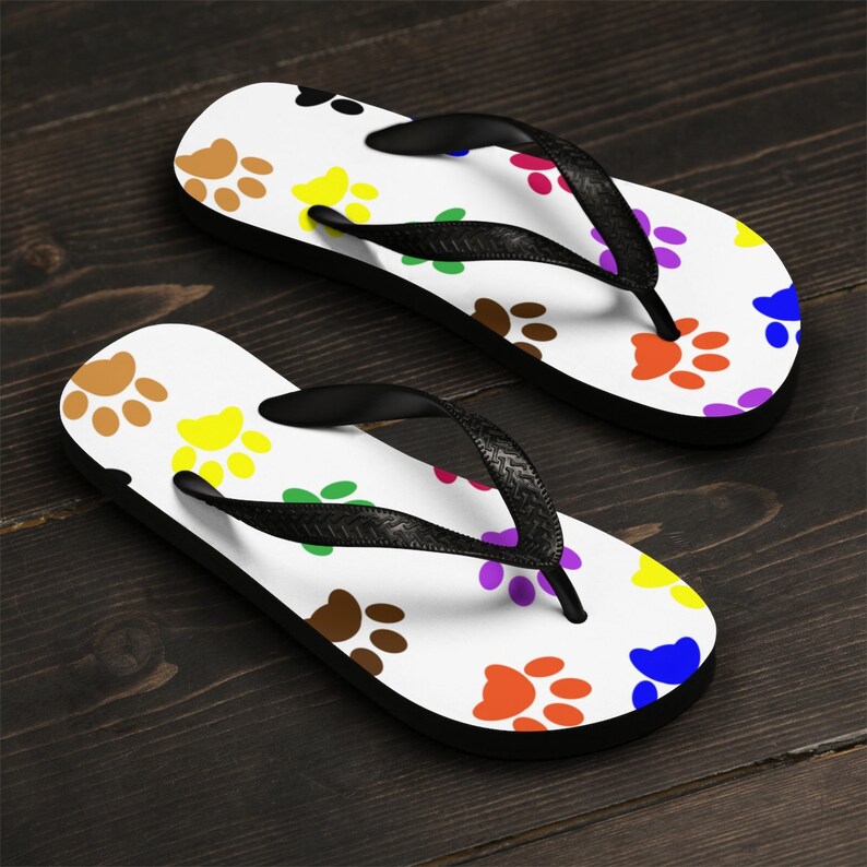 rainbow of paws flip flops