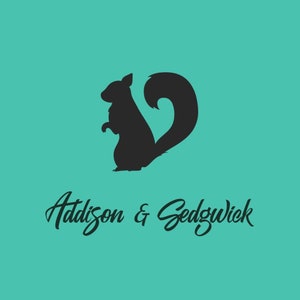 May include: A black silhouette of a squirrel in a standing pose, with a large, curved tail. The squirrel is centered on a teal background. Below the squirrel is the text "Addison & Sedgwick" in a cursive font.