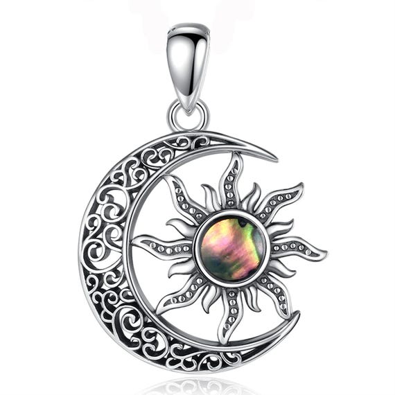 Sterling Silver Sun Moon Pendant Necklace: Celtic Knot, Abalone Shell, Viking Style
