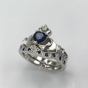 Silver Irish Claddagh Ring Set with Simulated Sapphire and Diamonds