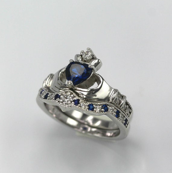 Silver Irish Claddagh Ring Set With Simulated Sapphire and
