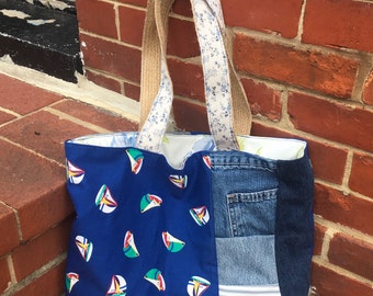 Sailboat Summer Fabric Tote Bag | Blue Up-Cycled Fabric Shoulder Handbag | USA Made Large Beach Bag