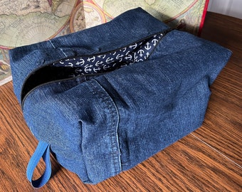 Boxy Denim Zippered Storage Bag - Upcycled Fabric Travel Pouch - Handmade Navy Fabric Box