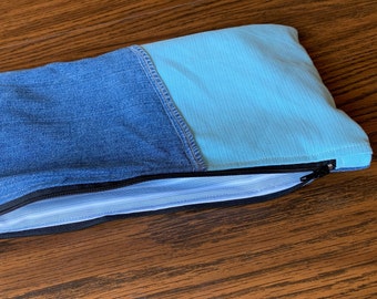 Upcycled Denim Zippered Travel Pouch - Small Blue Cosmetic Fabric Make-up Bag - Toiletry Case