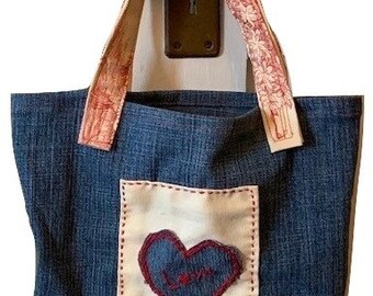 Valentine Embroidered Tote Bag - Handmade Eco-Friendly Upcycled USA Made Shopping Handbag