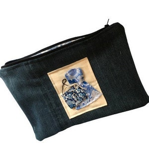 Embroidered Zippered Cosmetic Fabric Travel Pouch Upcycled Denim Personal Make-up Bag Toiletry Case Blue Embroidery Appliqué Bag image 6